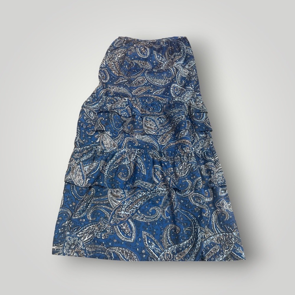 Outerknown Maxi Skirt Womens 4 Blue Paisley Tiered Boho Ruffle Flowy Cottagecore - Picture 2 of 7